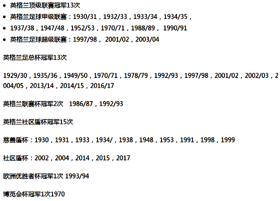 阿森纳球队历年主要荣誉