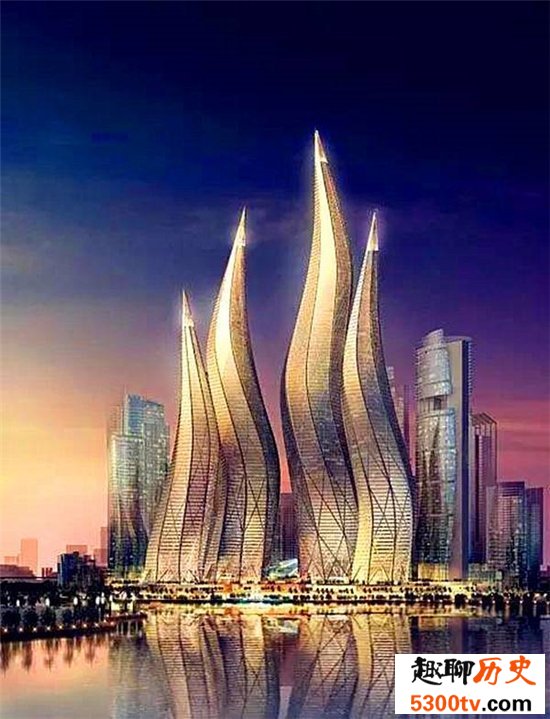 迪拜风中烛火大厦由多个建筑物组成，堪称最完美建筑