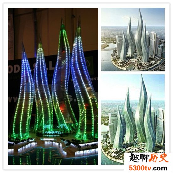 迪拜风中烛火大厦由多个建筑物组成，堪称最完美建筑